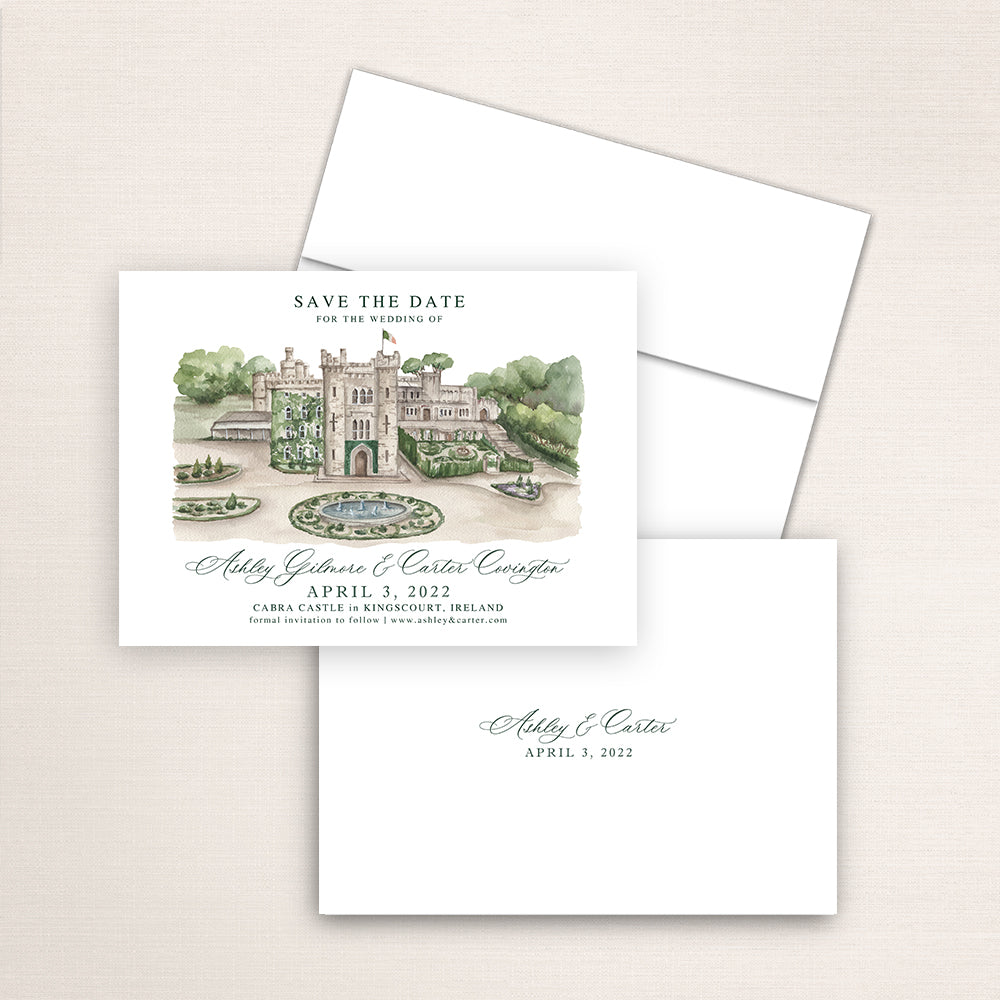 Custom watercolor Save the Date card featuring hand-painted venue illustration of Cabra Castle in Kingscourt, Ireland. Personalized wedding stationery with elegant venue artwork with the couple's names and date printed on the back and plain white envelopes.