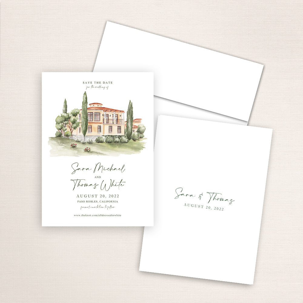 Custom watercolor Save the Date card featuring hand-painted illustration of Calipaso Winery and Villa in Paso Robles, California, personalized wedding stationery with elegant venue artwork.