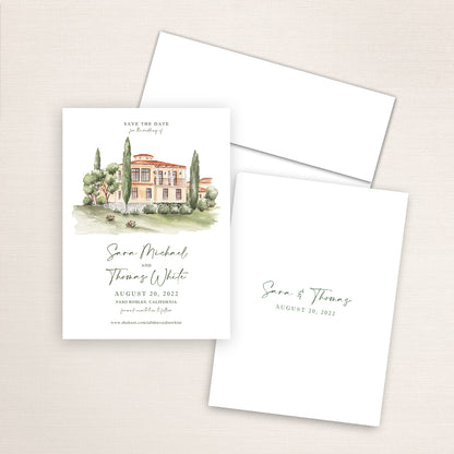 Custom watercolor Save the Date card featuring hand-painted illustration of Calipaso Winery and Villa in Paso Robles, California, personalized wedding stationery with elegant venue artwork.