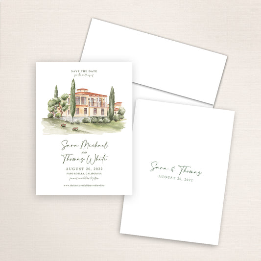 Custom watercolor Save the Date card featuring hand-painted illustration of Calipaso Winery and Villa in Paso Robles, California, personalized wedding stationery with elegant venue artwork.