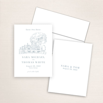 Custom watercolor Save the Date card featuring hand-painted illustration of Callanwolde Fine Art Center , DeKalb County, Atlanta, Georgia, personalized wedding stationery with elegant venue artwork.