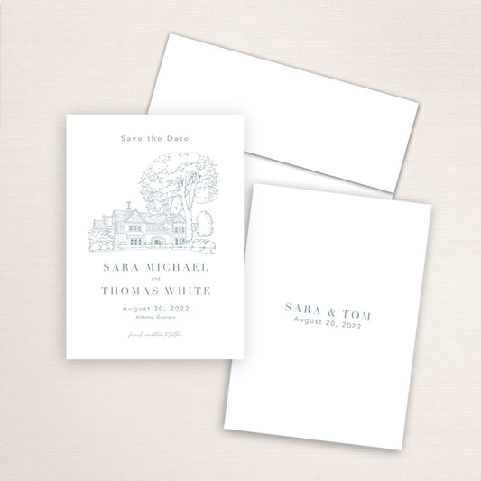 Custom watercolor Save the Date card featuring hand-painted illustration of Callanwolde Fine Art Center , DeKalb County, Atlanta, Georgia, personalized wedding stationery with elegant venue artwork.