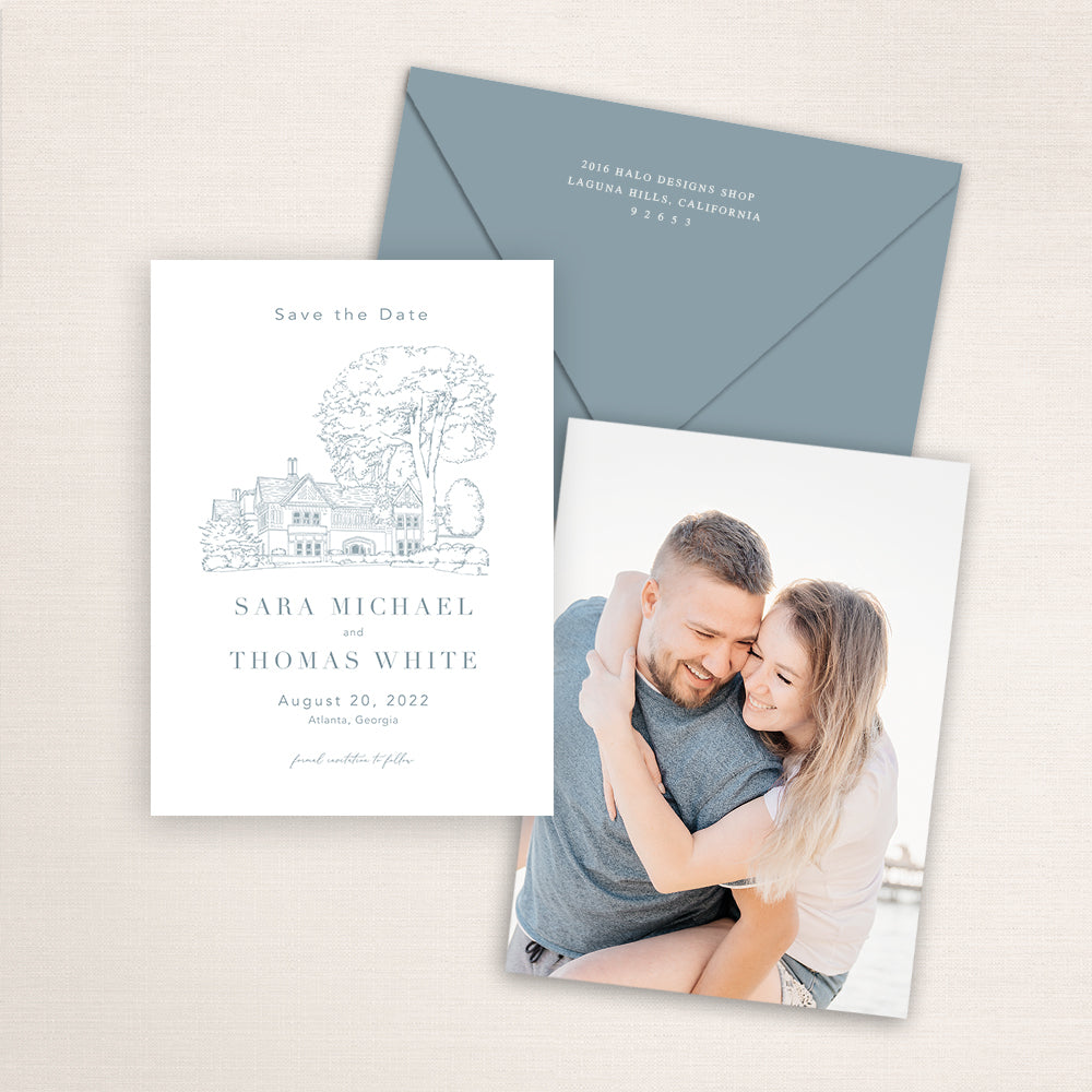 Custom watercolor Save the Date card featuring hand-painted illustration of Callanwolde Fine Art Center , DeKalb County, Atlanta, Georgia, personalized wedding stationery with elegant venue artwork with matching envelope.