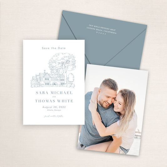 Custom watercolor Save the Date card featuring hand-painted illustration of Callanwolde Fine Art Center , DeKalb County, Atlanta, Georgia, personalized wedding stationery with elegant venue artwork with matching envelope.