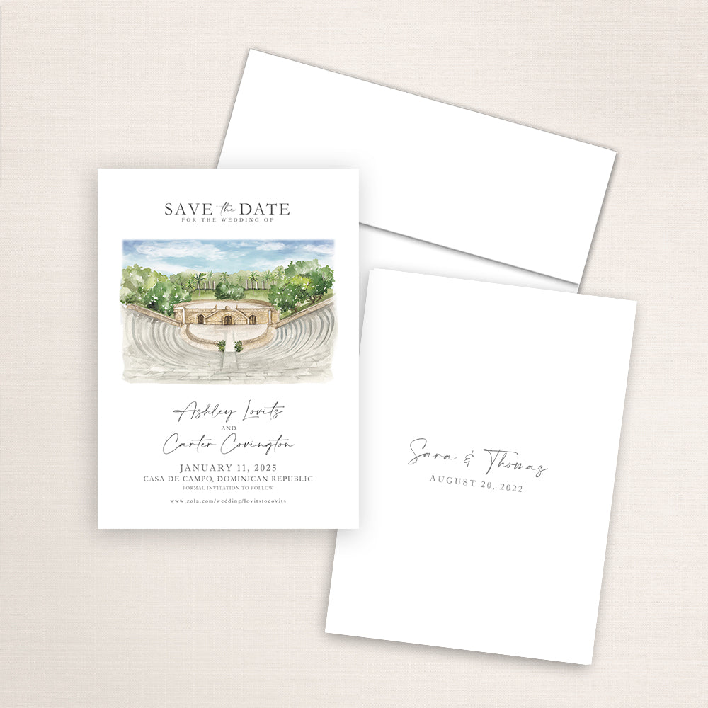 Custom watercolor Save the Date card featuring hand-painted illustration of Casa de Campo in the Dominican Republic, personalized wedding stationery with elegant venue artwork.