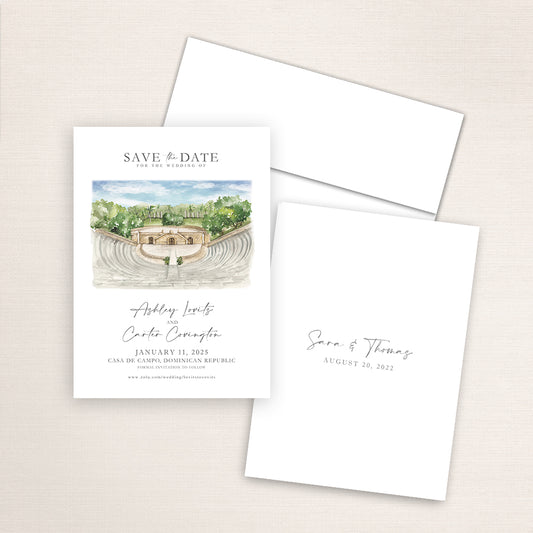 Custom watercolor Save the Date card featuring hand-painted illustration of Casa de Campo in the Dominican Republic, personalized wedding stationery with elegant venue artwork.