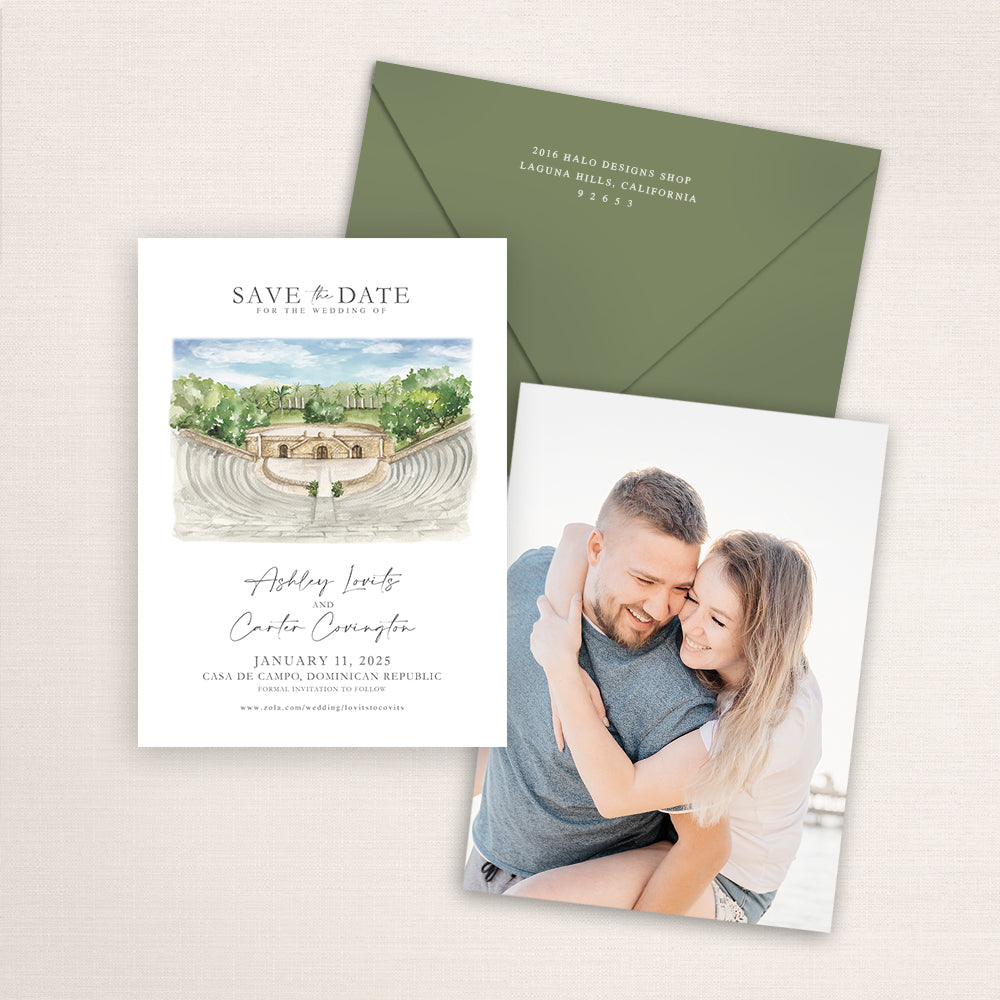Custom watercolor Save the Date card featuring hand-painted illustration of Casa de Campo in the Dominican Republic, personalized wedding stationery with elegant venue artwork with matching envelope.