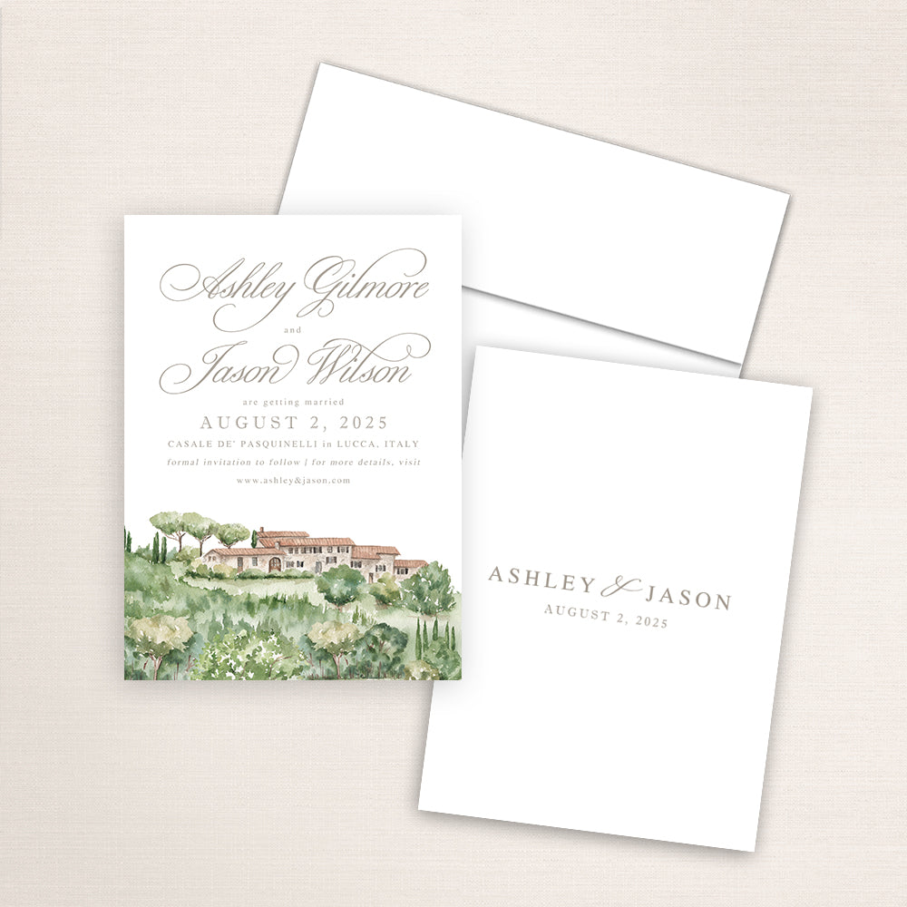 A hand-painted venue watercolor of Casale de Pasquinelli in Lucca, Italy printed on Save the Dates announcement cards.