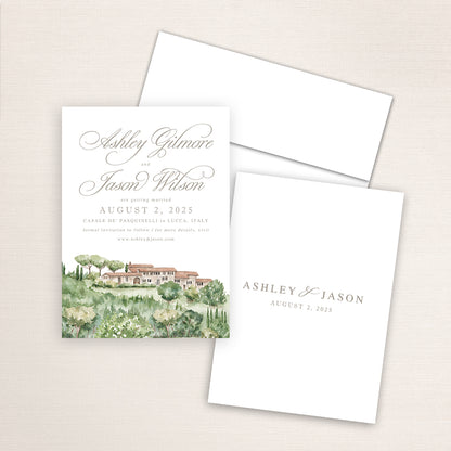 A hand-painted venue watercolor of Casale de Pasquinelli in Lucca, Italy printed on Save the Dates announcement cards.