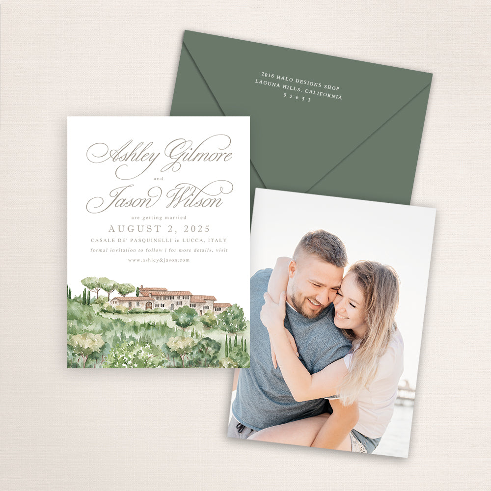 Wedding save the date cards featuring a hand-painted venue watercolor of Casale de Pasquinelli in Lucca, Italy with an engagement photo on the back and matching envelopes.