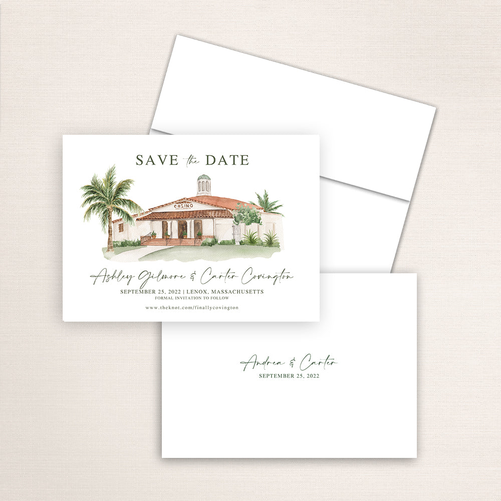 Custom watercolor Save the Date card featuring hand-painted illustration of the Casino San Clemente in San Clemente, California, personalized wedding stationery with elegant venue artwork.
