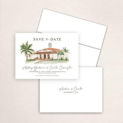 Custom watercolor Save the Date card featuring hand-painted illustration of the Casino San Clemente in San Clemente, California, personalized wedding stationery with elegant venue artwork.