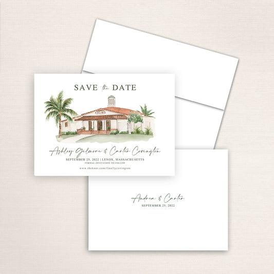 Custom watercolor Save the Date card featuring hand-painted illustration of the Casino San Clemente in San Clemente, California, personalized wedding stationery with elegant venue artwork.