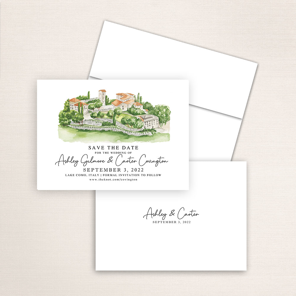 Custom watercolor Save the Date card featuring hand-painted illustration of Castello di Rossino Lecco in Lake Como, Italy, personalized wedding stationery with elegant venue artwork.