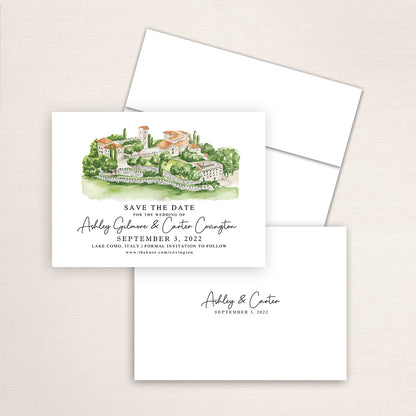 Custom watercolor Save the Date card featuring hand-painted illustration of Castello di Rossino Lecco in Lake Como, Italy, personalized wedding stationery with elegant venue artwork.