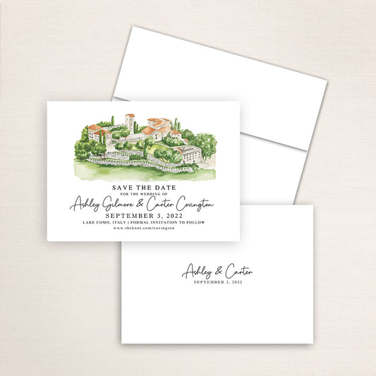 Custom watercolor Save the Date card featuring hand-painted illustration of Castello di Rossino Lecco in Lake Como, Italy, personalized wedding stationery with elegant venue artwork.