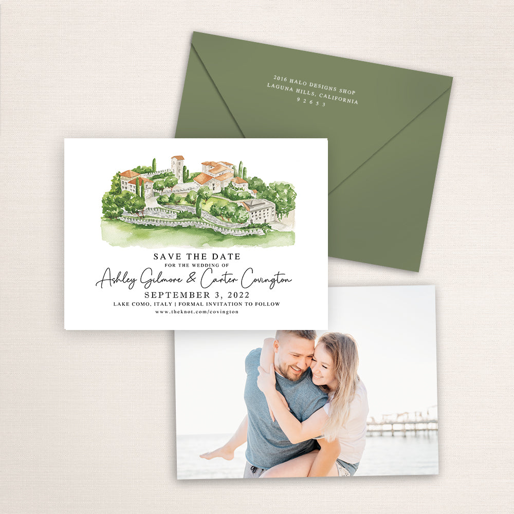 Custom watercolor Save the Date card featuring hand-painted illustration of Castello di Rossino Lecco in Lake Como, Italy, personalized wedding stationery with elegant venue artwork with matching envelope.