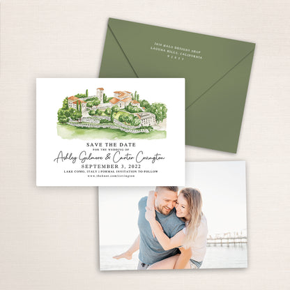 Custom watercolor Save the Date card featuring hand-painted illustration of Castello di Rossino Lecco in Lake Como, Italy, personalized wedding stationery with elegant venue artwork with matching envelope.