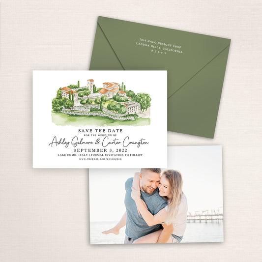 Custom watercolor Save the Date card featuring hand-painted illustration of Castello di Rossino Lecco in Lake Como, Italy, personalized wedding stationery with elegant venue artwork with matching envelope.