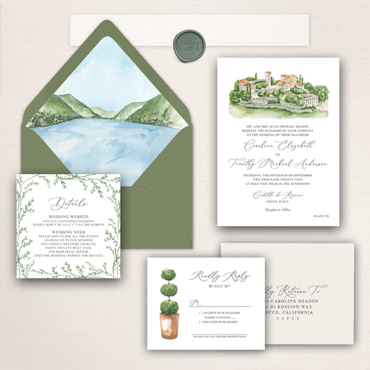 Romantic Italian destination wedding invitation suite featuring a watercolor Lake Como envelope liner, sage green envelope with wax seal, watercolor illustration of Castello di Rossino on the invitation card, botanical details card, topiary RSVP card, and coordinating reply envelope in elegant soft green and neutral tones.