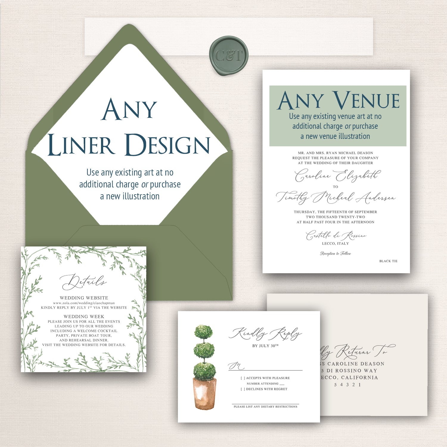 Customizable Italian wedding invitation suite featuring an “Any Liner Design” envelope insert option, sage green envelope with wax seal, elegant script invitation for a Castello di Rossino wedding in Lecco, Italy, botanical details card, topiary illustration RSVP card, and coordinating reply envelope in soft neutral tones.