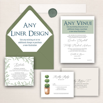 Customizable Italian wedding invitation suite featuring an “Any Liner Design” envelope insert option, sage green envelope with wax seal, elegant script invitation for a Castello di Rossino wedding in Lecco, Italy, botanical details card, topiary illustration RSVP card, and coordinating reply envelope in soft neutral tones.