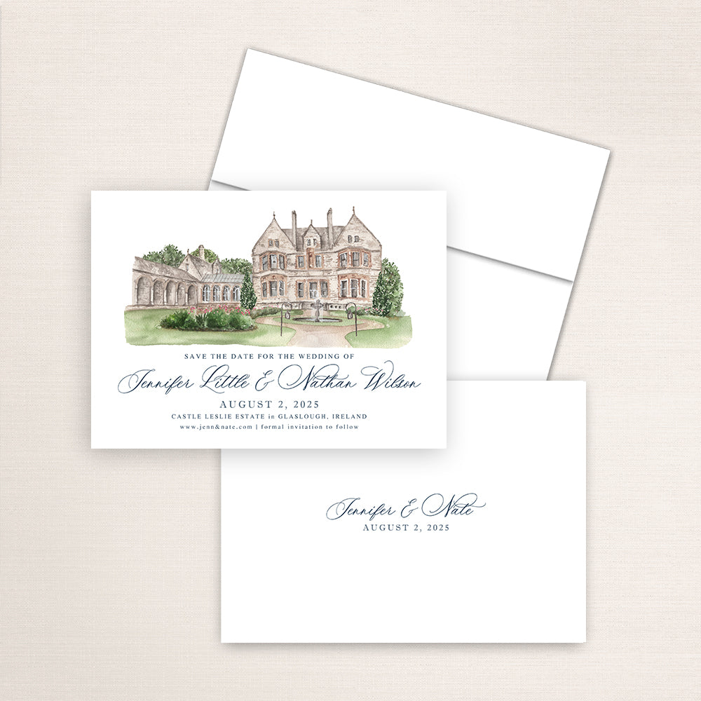 Castle Leslie Estate save the date with detailed watercolor artwork of the Irish castle venue, refined wedding typography layout, white envelope, and minimalist printed back with couple’s names and wedding date.