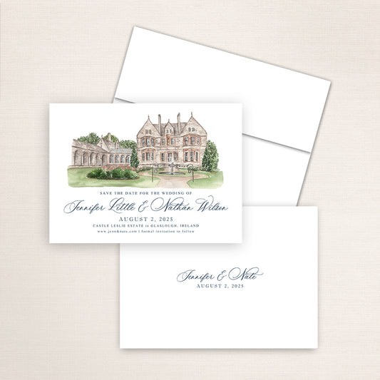 Castle Leslie Estate save the date with detailed watercolor artwork of the Irish castle venue, refined wedding typography layout, white envelope, and minimalist printed back with couple’s names and wedding date.