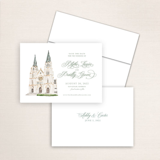 Custom watercolor Save the Date card featuring hand-painted illustration of the Cathedral Basilica of St. John the Baptist in Savannah, Georgia, personalized wedding stationery with elegant venue artwork.