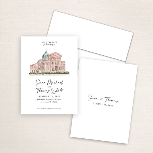 Custom watercolor Save the Date card featuring hand-painted illustration of the Cathedral Basilica of Saints Peter and Paul in Philadelphia, Pennsylvania, personalized wedding stationery with elegant venue artwork.
