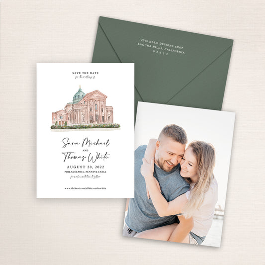 Custom watercolor Save the Date card featuring hand-painted illustration of the Cathedral Basilica of Saints Peter and Paul in Philadelphia, Pennsylvania, personalized wedding stationery with elegant venue artwork with matching envelope.