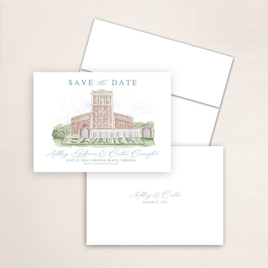 Custom watercolor Save the Date card featuring hand-painted illustration of Cavalier Hotel in Virginia Beach, Virginia, personalized wedding stationery with elegant venue artwork.