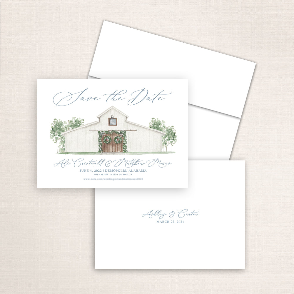 Custom watercolor Save the Date card featuring hand-painted illustration of Cedars in Demopolis, Alabama, personalized wedding stationery with elegant venue artwork.