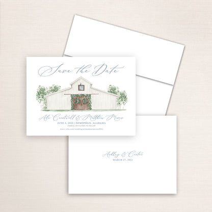 Custom watercolor Save the Date card featuring hand-painted illustration of Cedars in Demopolis, Alabama, personalized wedding stationery with elegant venue artwork.
