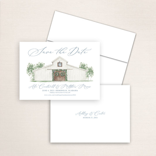 Custom watercolor Save the Date card featuring hand-painted illustration of Cedars in Demopolis, Alabama, personalized wedding stationery with elegant venue artwork.