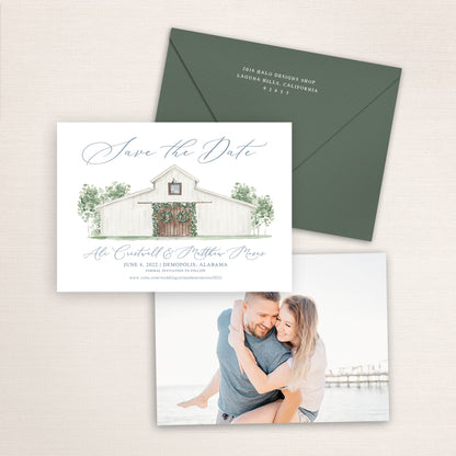 Custom watercolor Save the Date card featuring hand-painted illustration of Cedars in Demopolis, Alabama, personalized wedding stationery with elegant venue artwork with matching envelope.