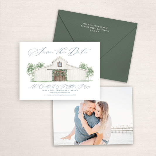 Custom watercolor Save the Date card featuring hand-painted illustration of Cedars in Demopolis, Alabama, personalized wedding stationery with elegant venue artwork with matching envelope.