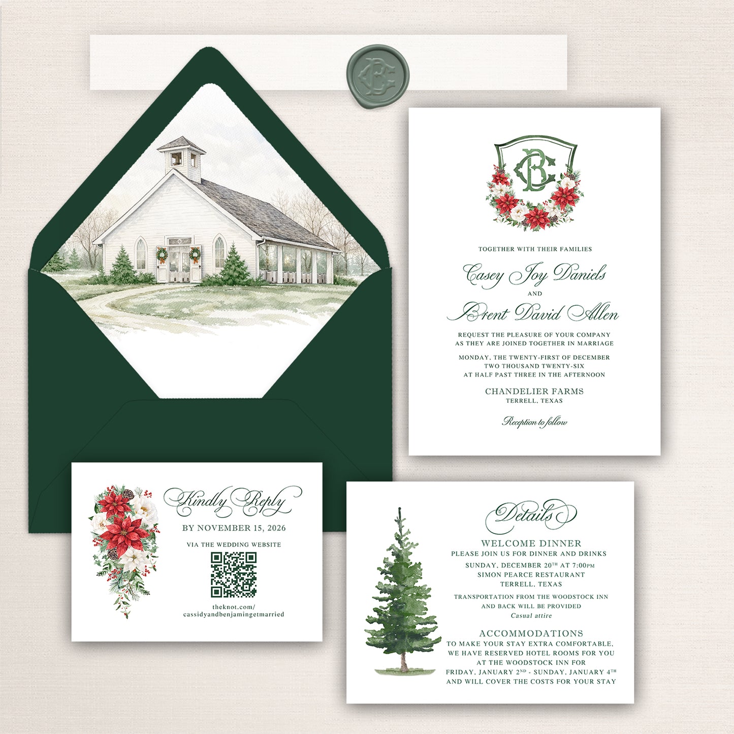 Elegant Christmas wedding invitation suite featuring a deep evergreen envelope with watercolor liner illustration of the white chapel at Chandelier Farms dusted with snow, formal invitation with a festive poinsettia and winter greenery crest monogram, coordinating details card with evergreen tree illustration, and RSVP card with poinsettia bouquet and QR code. Rich evergreen, ivory, and holiday red accents create a timeless winter wedding aesthetic.