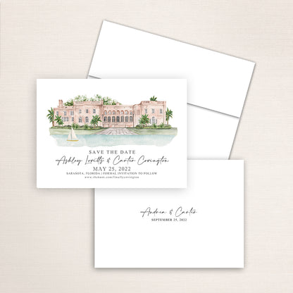 Custom watercolor Save the Date card featuring hand-painted illustration of Charles Ringling Mansion at New College in Sarasota, Florida, personalized wedding stationery with elegant venue artwork.