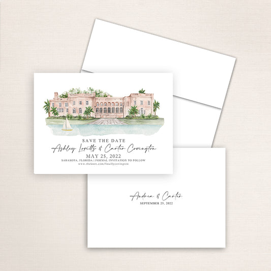 Custom watercolor Save the Date card featuring hand-painted illustration of Charles Ringling Mansion at New College in Sarasota, Florida, personalized wedding stationery with elegant venue artwork.