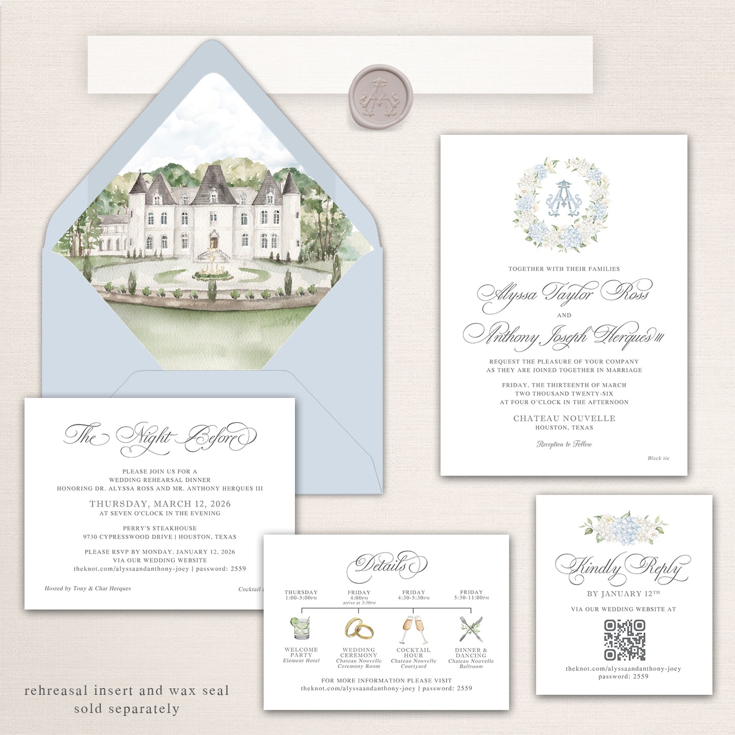 Elegant Chateau Nouvelle wedding invitation suite featuring a watercolor envelope liner of the French château venue and gardens, powder blue envelope with monogram wax seal, formal invitation with blue floral crest, rehearsal dinner insert card, illustrated wedding weekend timeline details card, and QR code RSVP card in romantic soft blue and neutral tones.