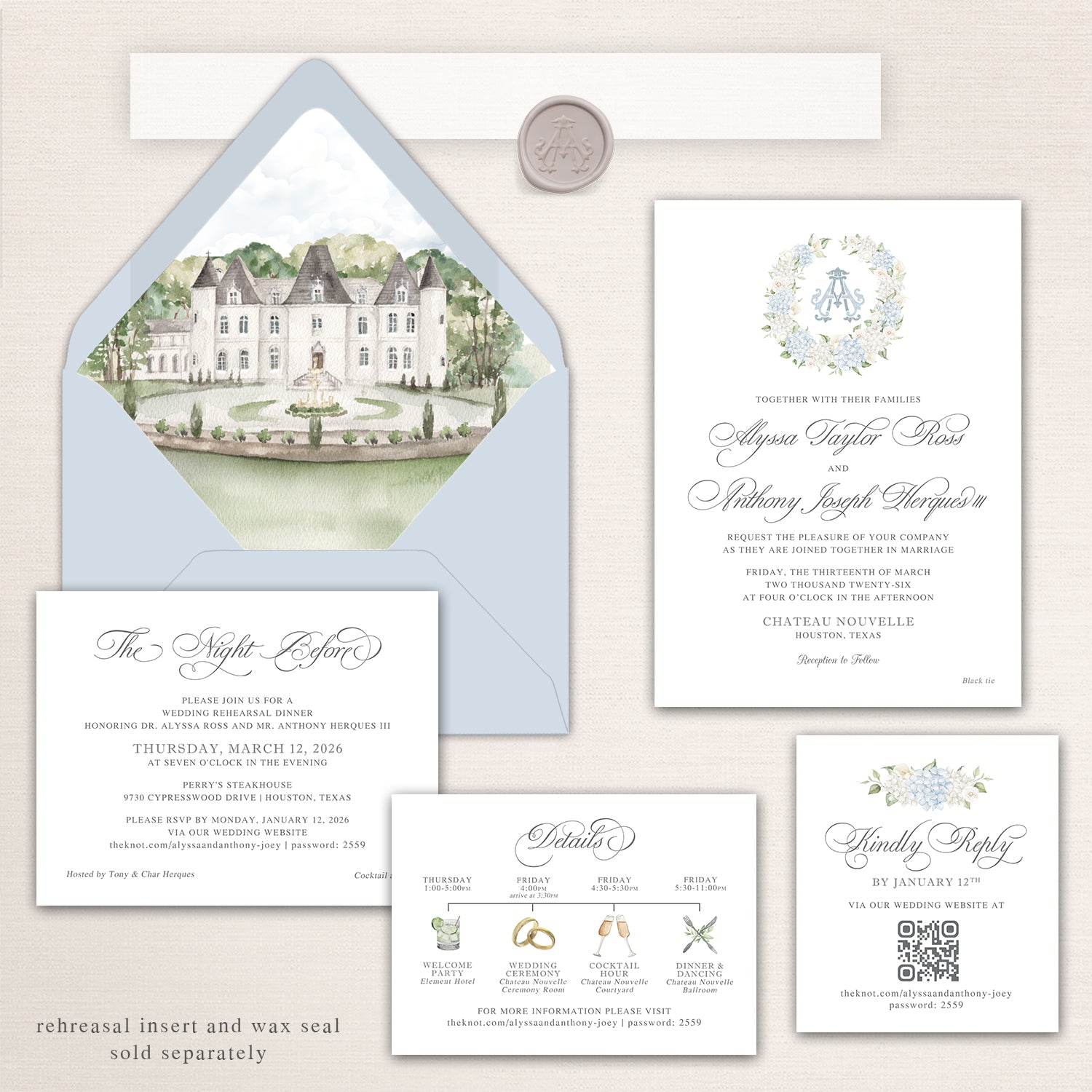 Elegant Chateau Nouvelle wedding invitation suite featuring a watercolor envelope liner of the French château venue and gardens, powder blue envelope with monogram wax seal, formal invitation with blue floral crest, rehearsal dinner insert card, illustrated wedding weekend timeline details card, and QR code RSVP card in romantic soft blue and neutral tones.