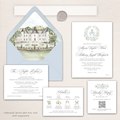 Elegant Chateau Nouvelle wedding invitation suite featuring a watercolor envelope liner of the French château venue and gardens, powder blue envelope with monogram wax seal, formal invitation with blue floral crest, rehearsal dinner insert card, illustrated wedding weekend timeline details card, and QR code RSVP card in romantic soft blue and neutral tones.
