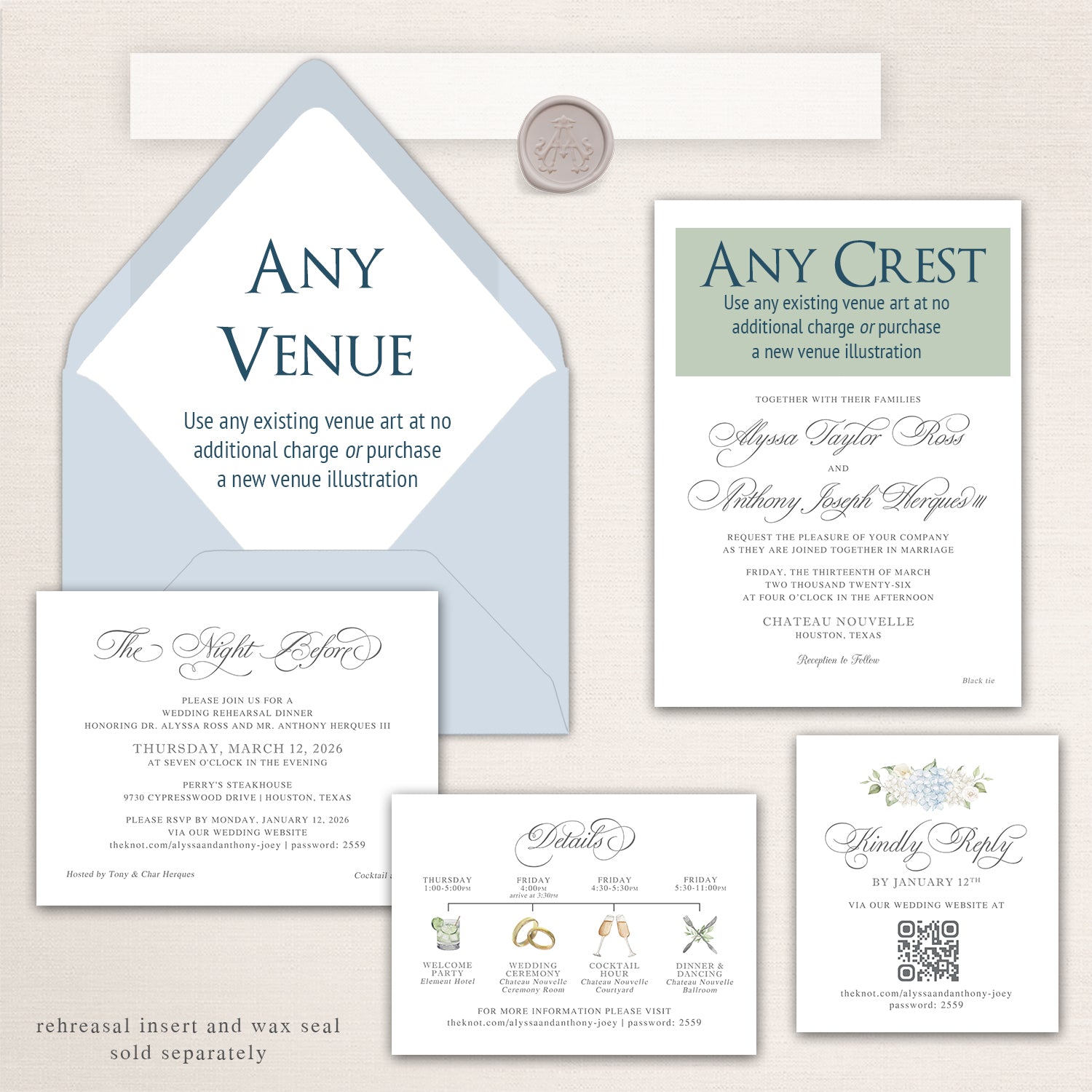 Customizable Chateau Nouvelle wedding invitation suite featuring “Any Venue” and “Any Crest” personalization options, powder blue envelope with wax seal, elegant formal invitation with interchangeable crest design, rehearsal dinner insert, illustrated wedding weekend timeline card, and QR code RSVP card in soft blue, sage, and neutral tones.
