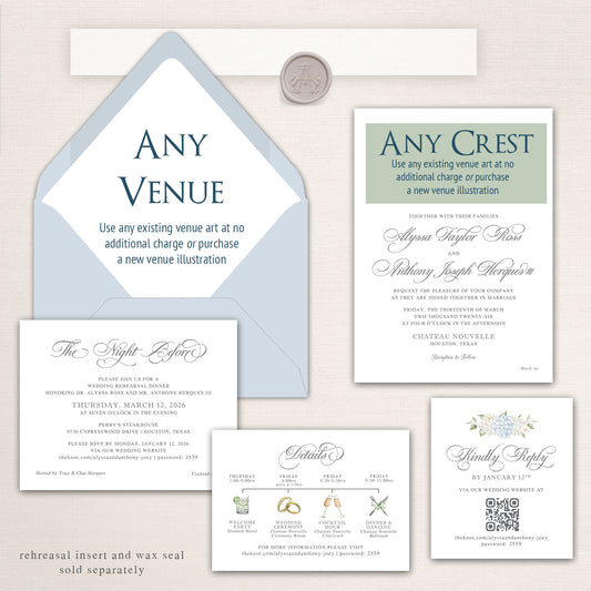 Customizable Chateau Nouvelle wedding invitation suite featuring “Any Venue” and “Any Crest” personalization options, powder blue envelope with wax seal, elegant formal invitation with interchangeable crest design, rehearsal dinner insert, illustrated wedding weekend timeline card, and QR code RSVP card in soft blue, sage, and neutral tones.