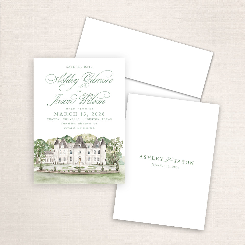 Wedding save the date cards featuring a hand-painted venue watercolor of Chateau Nouvelle in Houston, Texas.