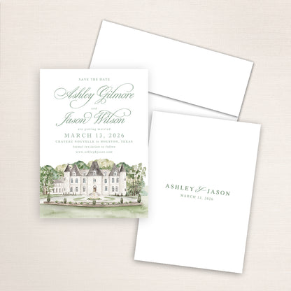 Wedding save the date cards featuring a hand-painted venue watercolor of Chateau Nouvelle in Houston, Texas.
