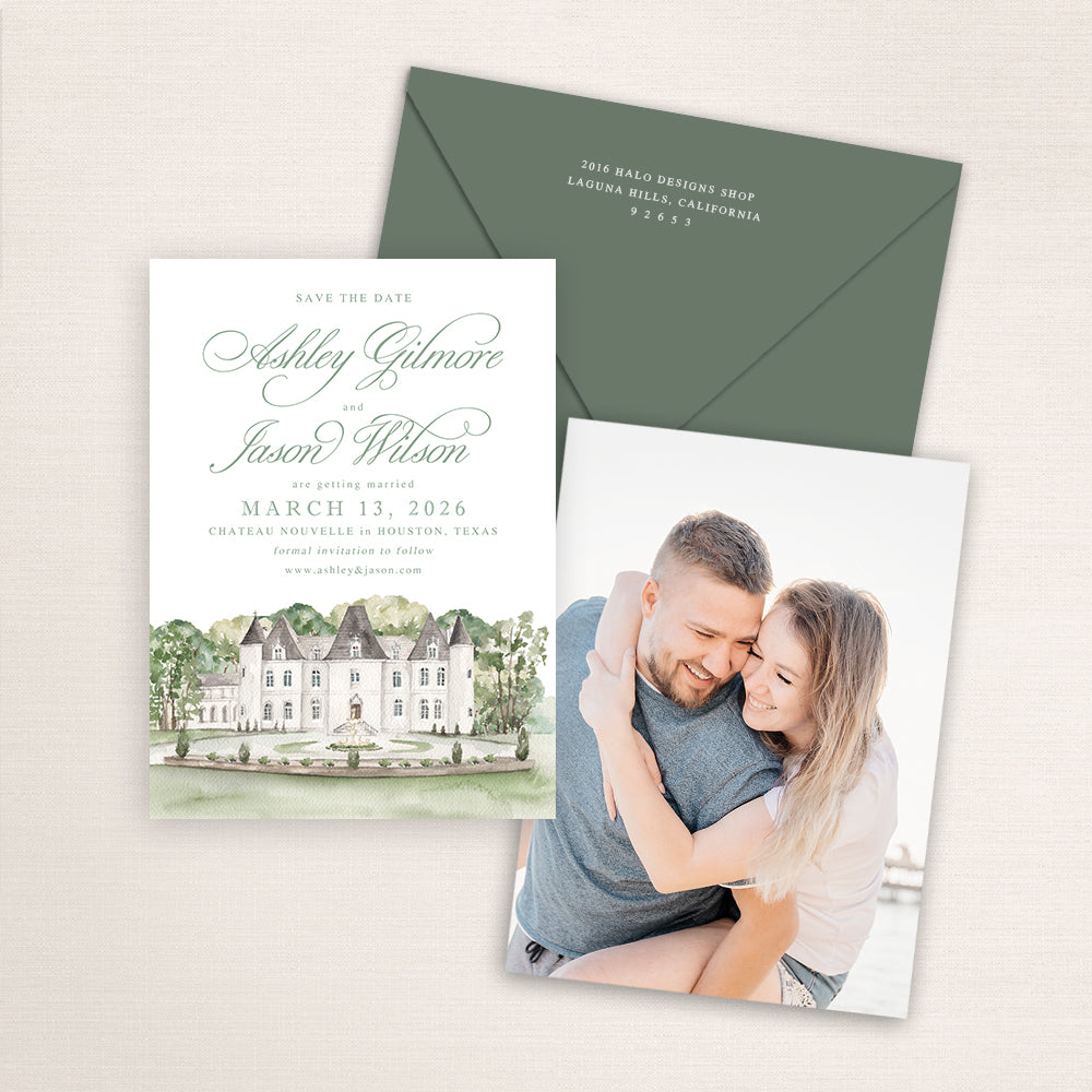 Wedding save the date announcements featuring a hand-painted venue watercolor of Chateau Nouvelle in Houston, Texas with an engagement photo on the back and matching envelopes.