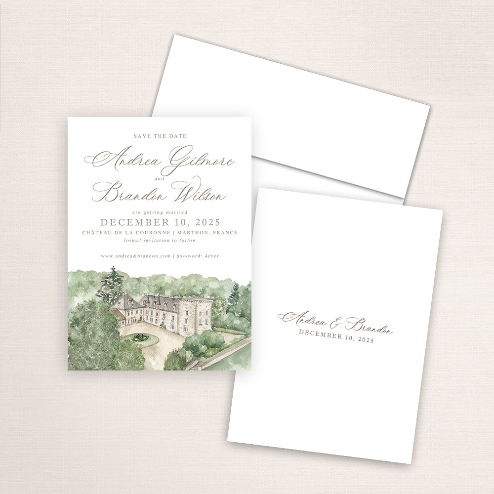 Wedding save the date announcement featuring a hand-painted venue watercolor of Chateau de Couronne in Marthon, France.