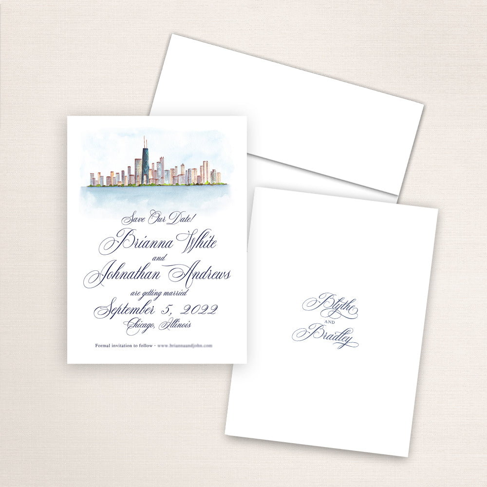 Custom watercolor Save the Date card featuring hand-painted illustration of Chicago Skyline, Illinois, personalized wedding stationery with elegant venue artwork.